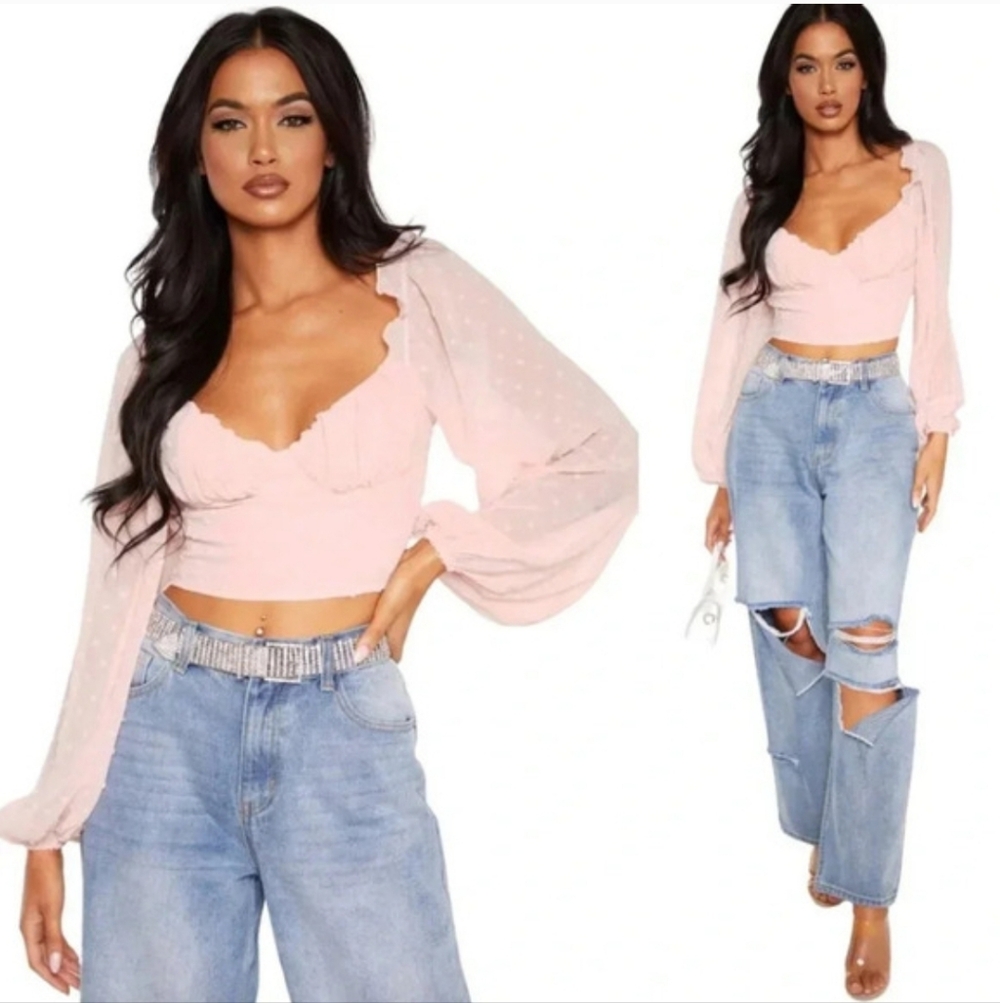 PRETTYLITTLETHING Rose Dobby Swiss Dot Milkmaid Long Sleeve Crop 6